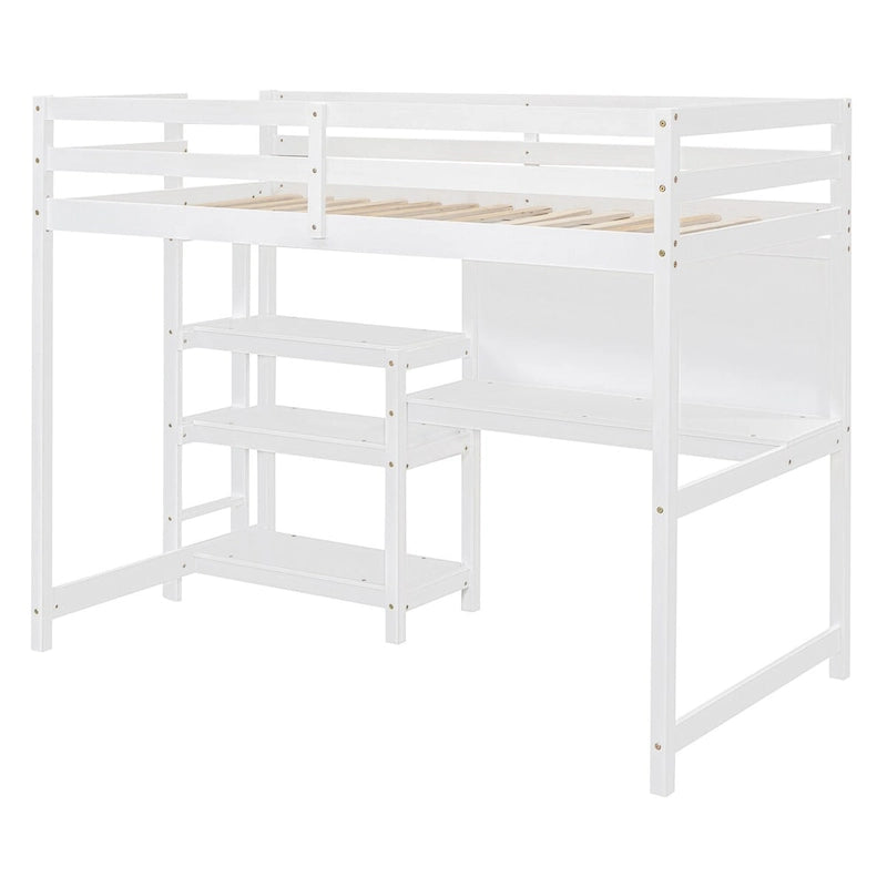 White Wooden Loft Bed with 3-Layer Shelves, Desk, and Writing Board, Full-Length Guardrail