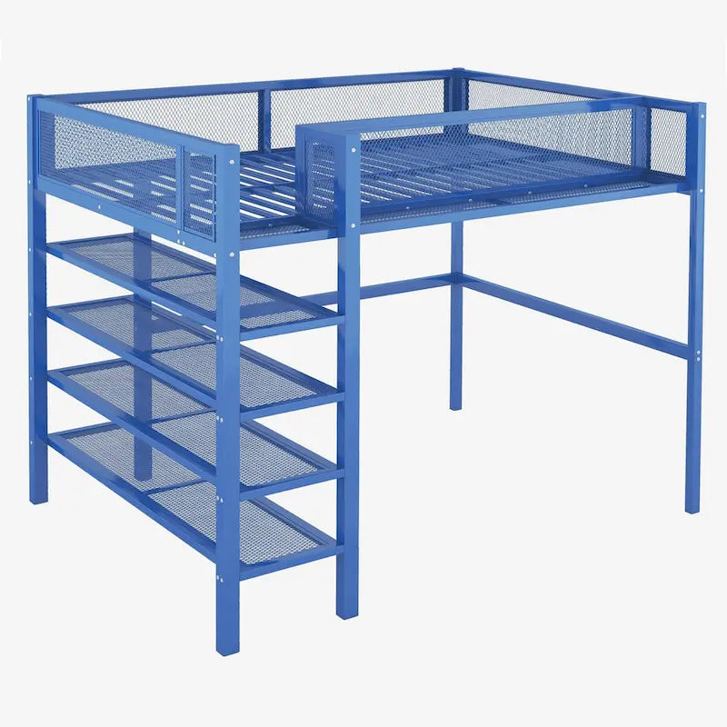 Lit mezzanine en métal pour deux personnes avec étagères à 4 niveaux, espace de travail et barrière de sécurité sur toute la longueur