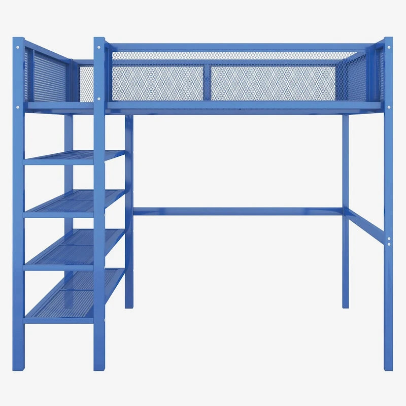 Lit mezzanine en métal pour deux personnes avec étagères à 4 niveaux, espace de travail et barrière de sécurité sur toute la longueur