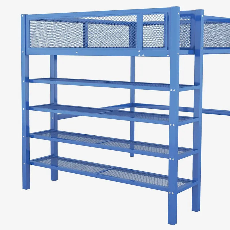 Lit mezzanine en métal pour deux personnes avec étagères à 4 niveaux, espace de travail et barrière de sécurité sur toute la longueur