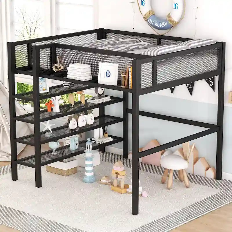 Lit mezzanine en métal pour deux personnes avec étagères à 4 niveaux, espace de travail et barrière de sécurité sur toute la longueur