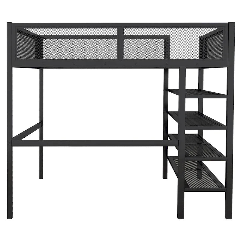 Lit mezzanine en métal pour deux personnes avec étagères à 4 niveaux, espace de travail et barrière de sécurité sur toute la longueur