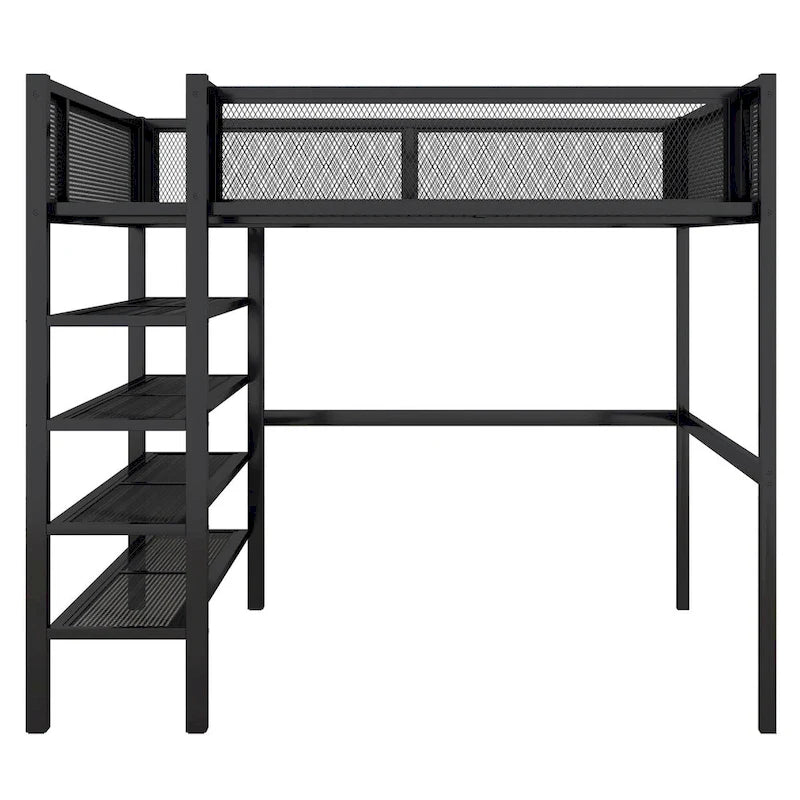 Lit mezzanine en métal pour deux personnes avec étagères à 4 niveaux, espace de travail et barrière de sécurité sur toute la longueur