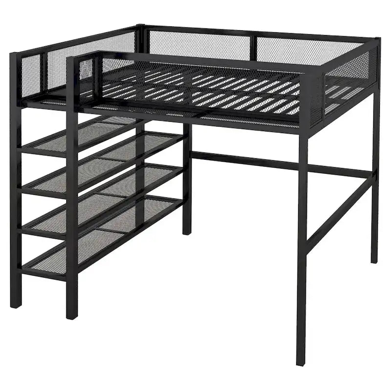 Lit mezzanine en métal pour deux personnes avec étagères à 4 niveaux, espace de travail et barrière de sécurité sur toute la longueur