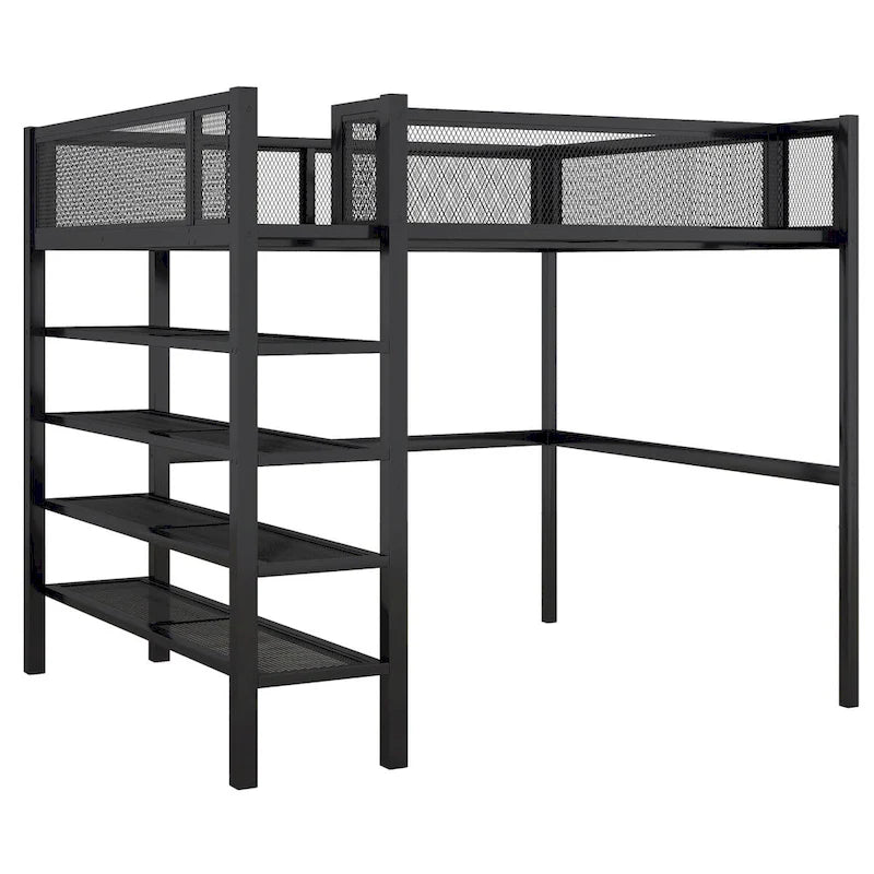 Lit mezzanine en métal pour deux personnes avec étagères à 4 niveaux, espace de travail et barrière de sécurité sur toute la longueur