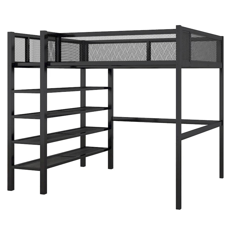 Lit mezzanine en métal pour deux personnes avec étagères à 4 niveaux, espace de travail et barrière de sécurité sur toute la longueur