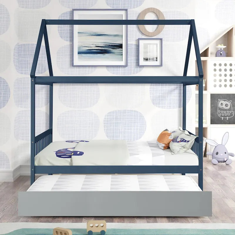 Full Size House Bed with Trundle and Charming Roof Detail