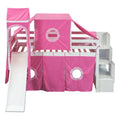Pink Pine Wood Loft Bed with Storage Staircase and Slide, Tent and Tower, Full-Length Guardrail