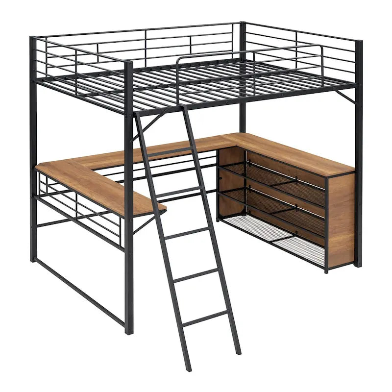 Lit mezzanine métallique double avec étagères à 3 niveaux et bureau en L