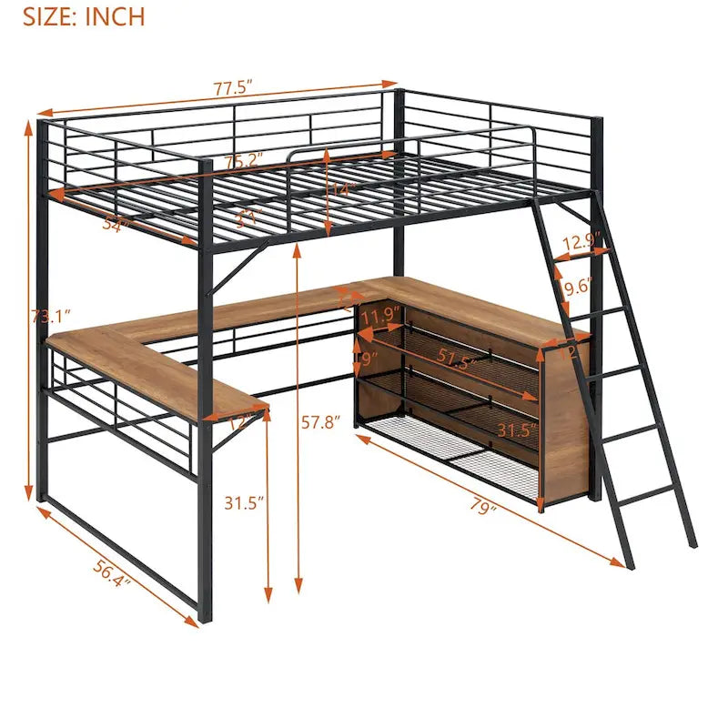 Lit mezzanine métallique double avec étagères à 3 niveaux et bureau en L