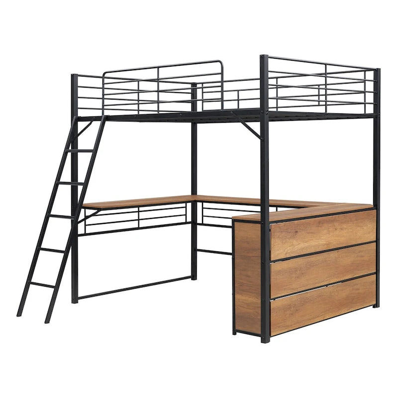 Lit mezzanine métallique double avec étagères à 3 niveaux et bureau en L