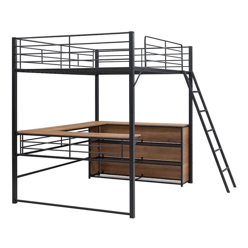 Lit mezzanine métallique double avec étagères à 3 niveaux et bureau en L