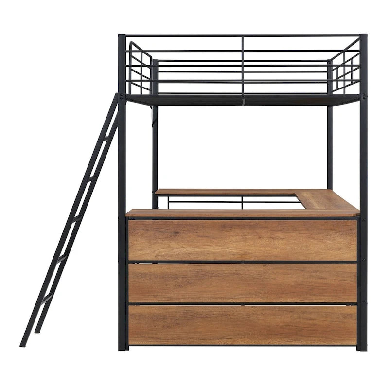 Lit mezzanine métallique double avec étagères à 3 niveaux et bureau en L