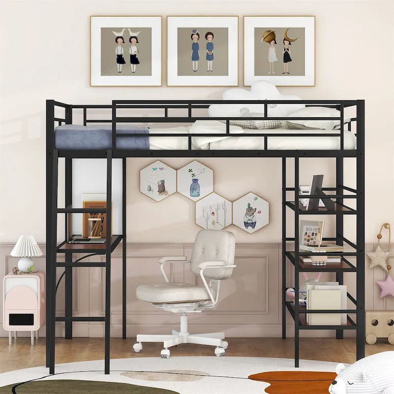 Cama loft metálica tamanho Full com prateleiras de 3 níveis e secretária