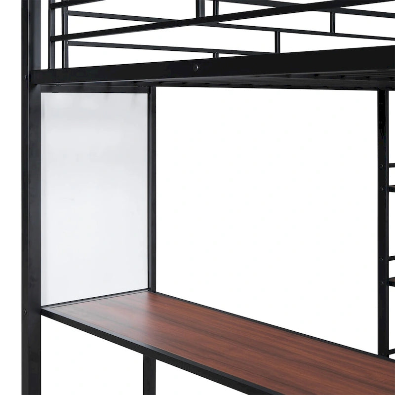 Cama loft metálica tamanho Full com prateleiras de 3 níveis e secretária