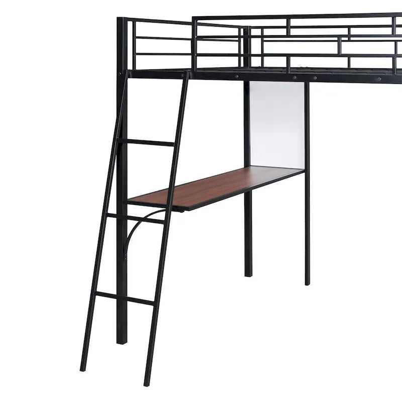 Cama loft metálica tamanho Full com prateleiras de 3 níveis e secretária