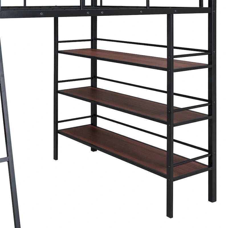 Cama loft metálica tamanho Full com prateleiras de 3 níveis e secretária
