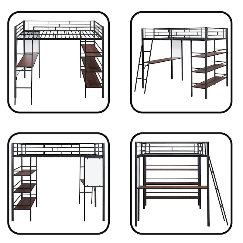 Cama loft metálica tamanho Full com prateleiras de 3 níveis e secretária