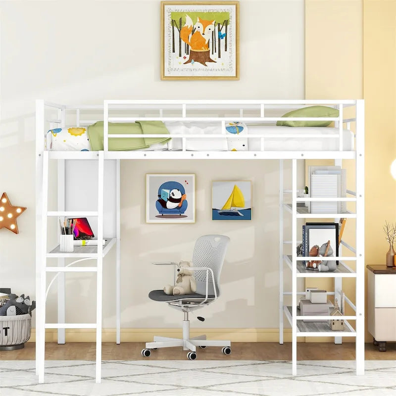 Cama loft metálica tamanho Full com prateleiras de 3 níveis e secretária