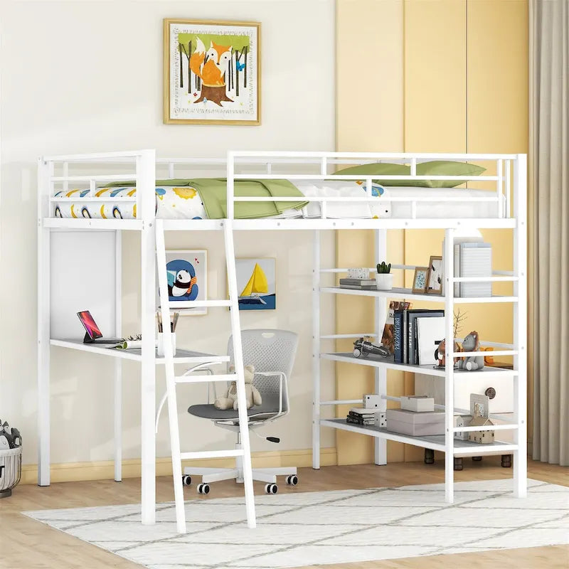 Cama loft metálica tamanho Full com prateleiras de 3 níveis e secretária