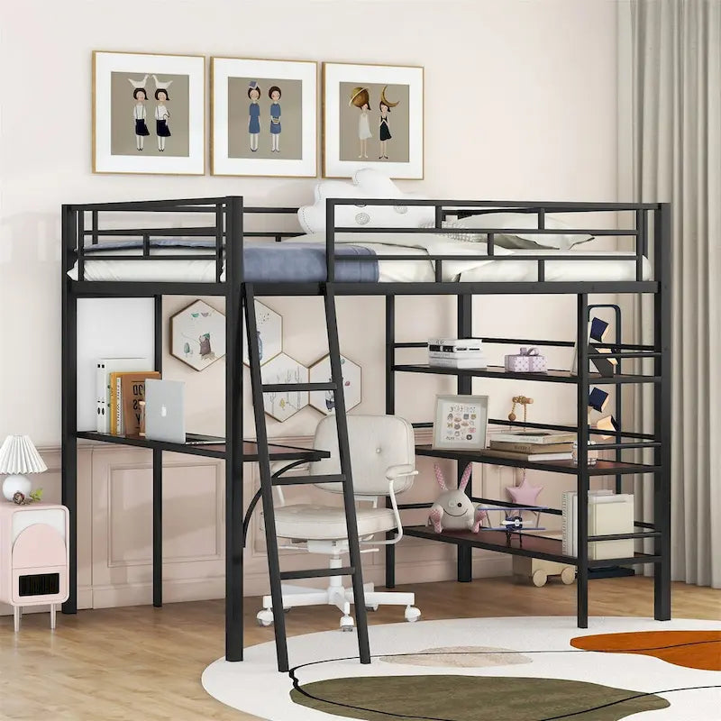 Cama loft metálica tamanho Full com prateleiras de 3 níveis e secretária