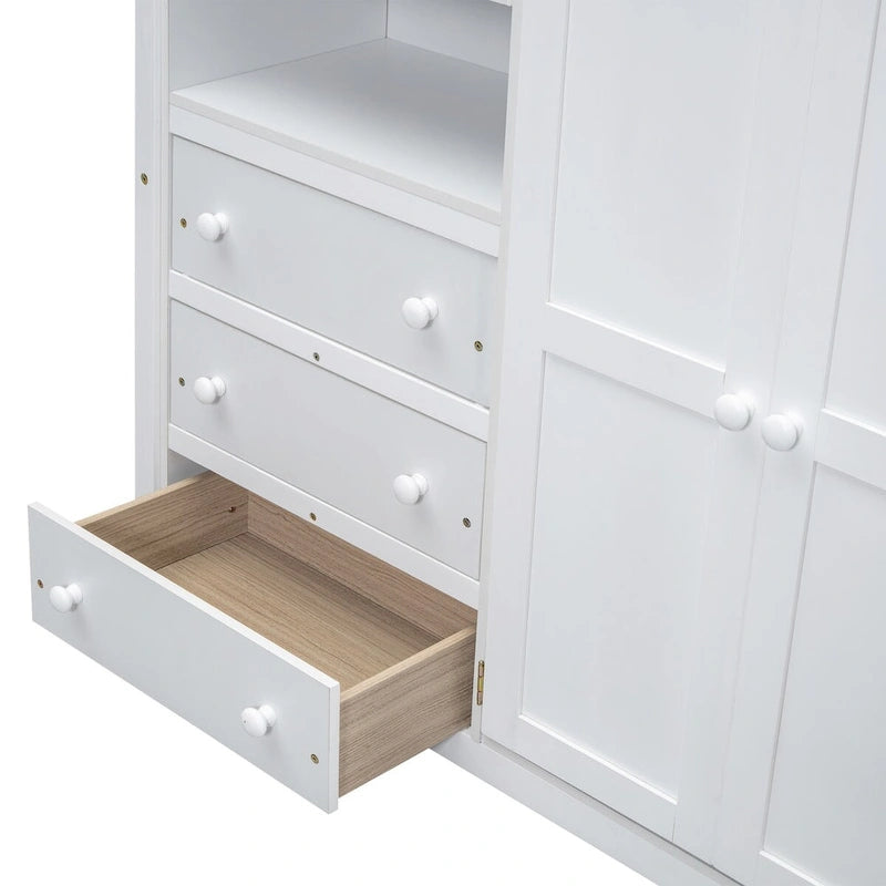 Wood Full Size Loft Bed with Built-in Wardrobe, Desk, Storage Shelves and Drawers
