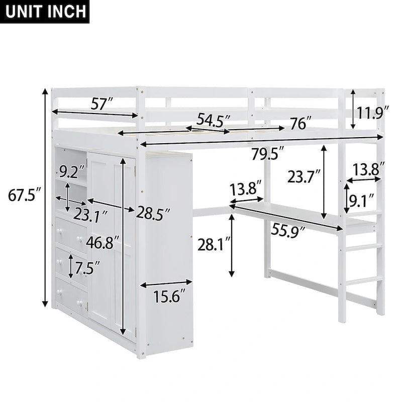 Hochbett aus Holz in Full-Größe mit integriertem Kleiderschrank, Schreibtisch, Ablageregalen und Schubladen