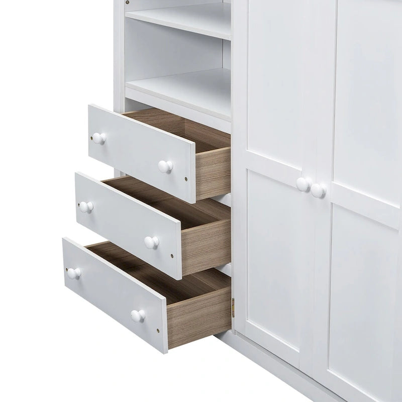 Hochbett aus Holz in Full-Größe mit integriertem Kleiderschrank, Schreibtisch, Ablageregalen und Schubladen