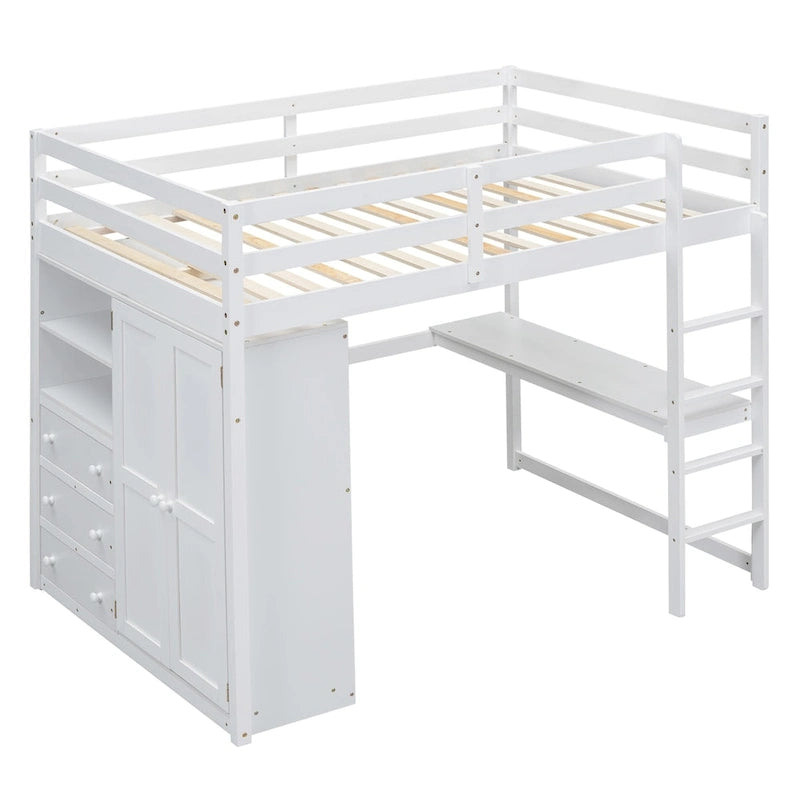 Hochbett aus Holz in Full-Größe mit integriertem Kleiderschrank, Schreibtisch, Ablageregalen und Schubladen