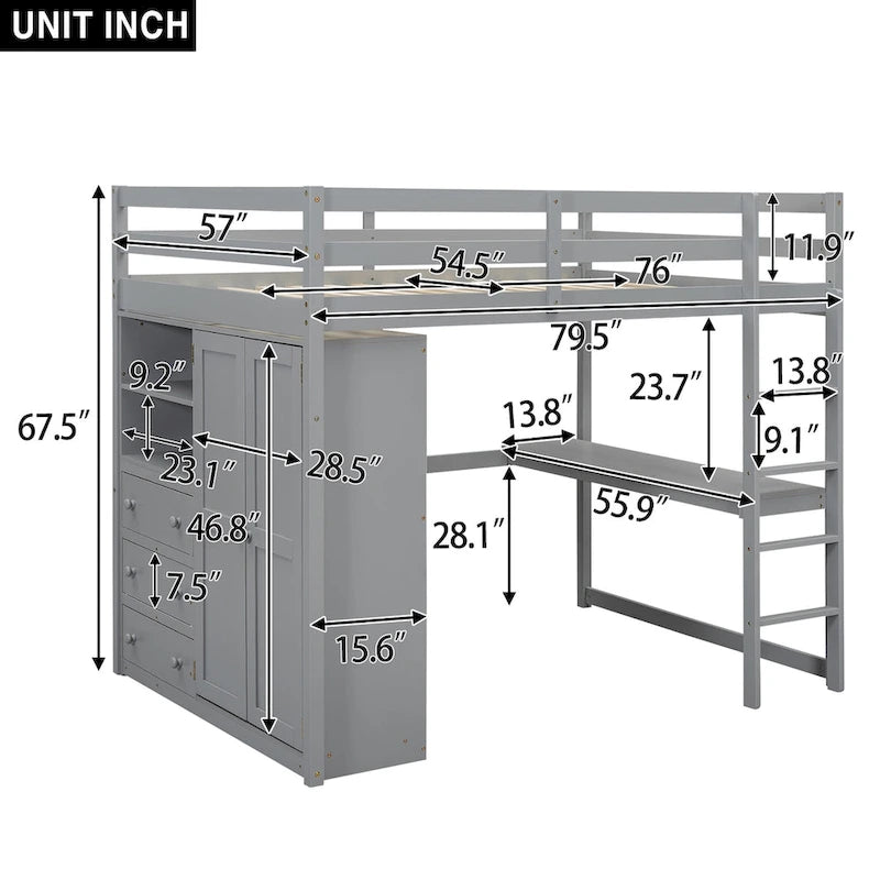 Hochbett aus Holz in Full-Größe mit integriertem Kleiderschrank, Schreibtisch, Ablageregalen und Schubladen