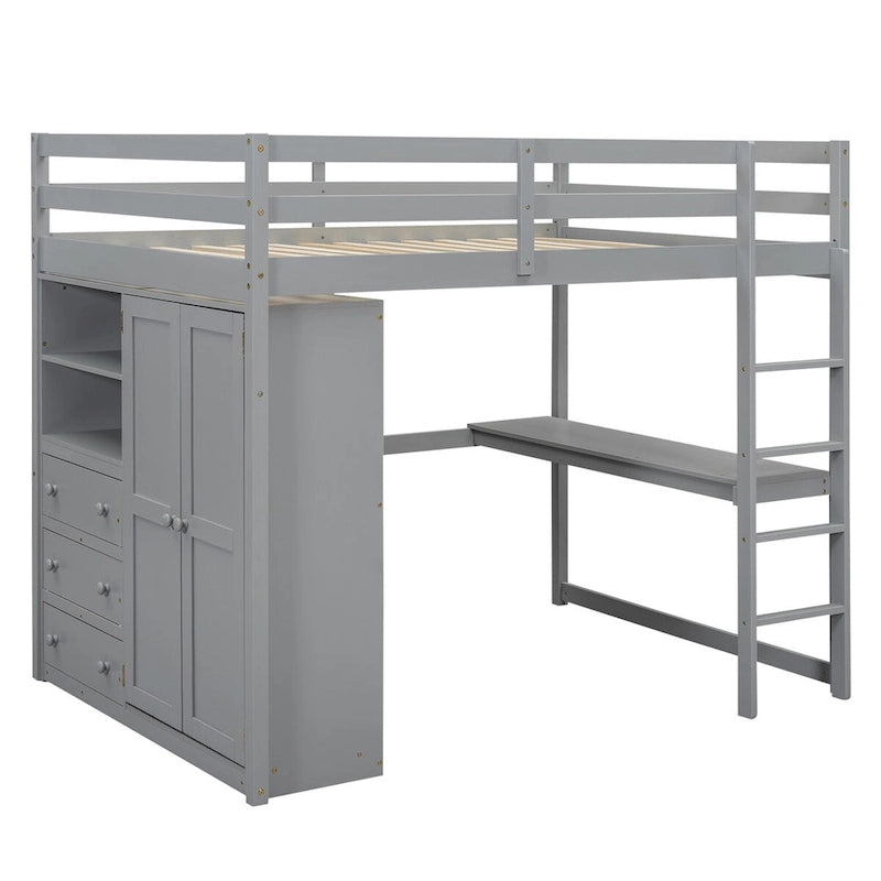 Hochbett aus Holz in Full-Größe mit integriertem Kleiderschrank, Schreibtisch, Ablageregalen und Schubladen