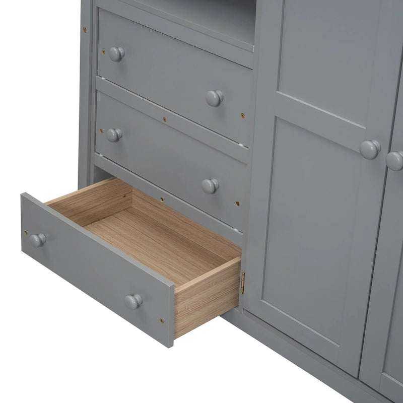 Hochbett aus Holz in Full-Größe mit integriertem Kleiderschrank, Schreibtisch, Ablageregalen und Schubladen