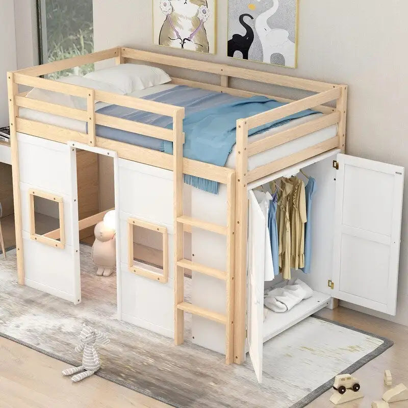 Hochbett aus Holz für zwei Personen mit integriertem Stauraumkleiderschrank und 2 Fenstern