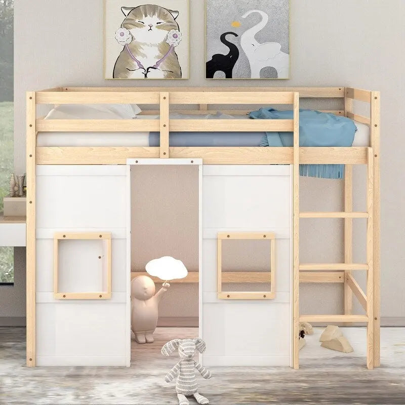 Hochbett aus Holz für zwei Personen mit integriertem Stauraumkleiderschrank und 2 Fenstern