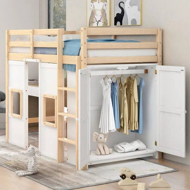 Twin Size Wood Loft Bed with Built-in Storage Wardrobe and 2 Windows