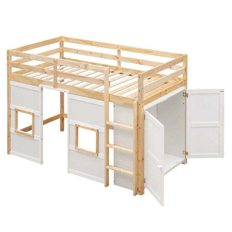 Hochbett aus Holz für zwei Personen mit integriertem Stauraumkleiderschrank und 2 Fenstern