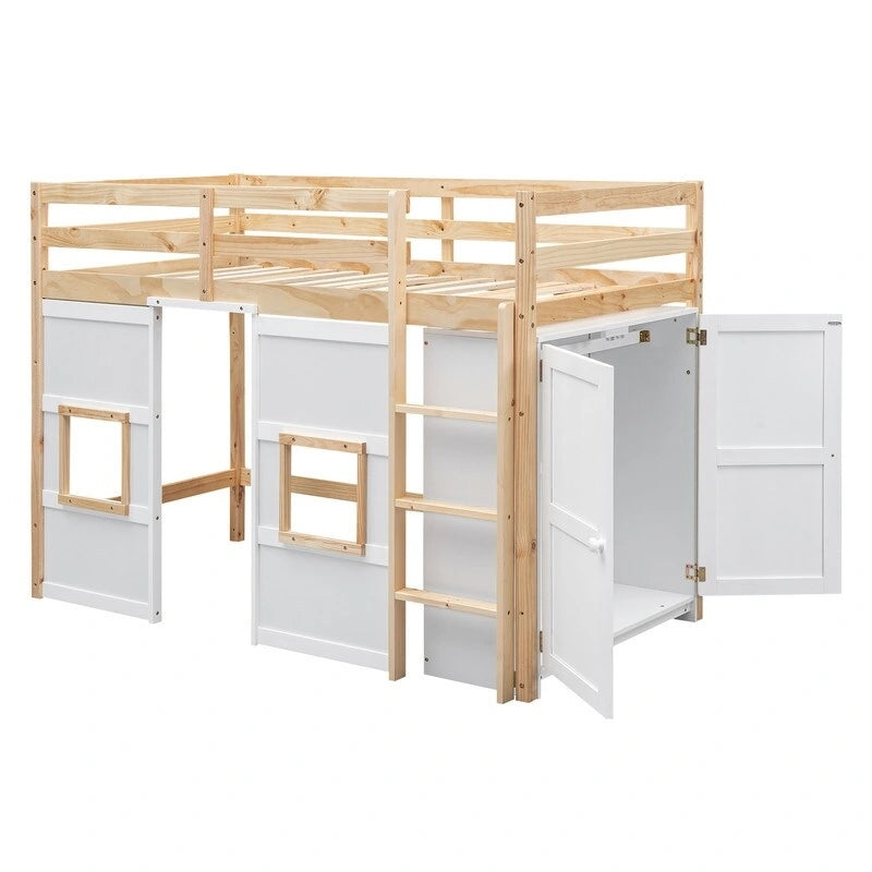 Hochbett aus Holz für zwei Personen mit integriertem Stauraumkleiderschrank und 2 Fenstern