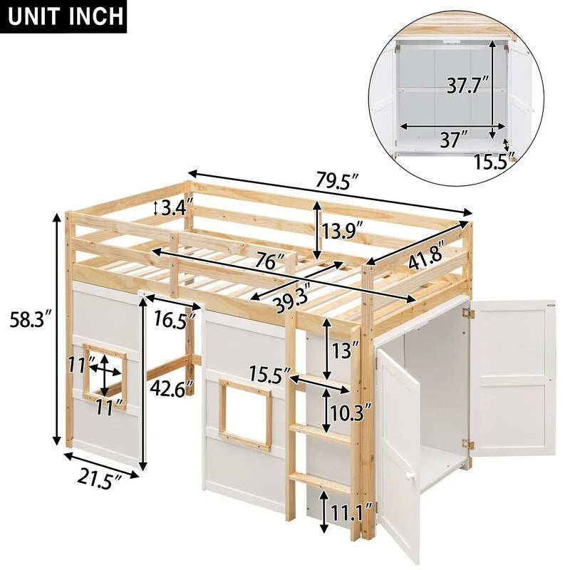 Hochbett aus Holz für zwei Personen mit integriertem Stauraumkleiderschrank und 2 Fenstern