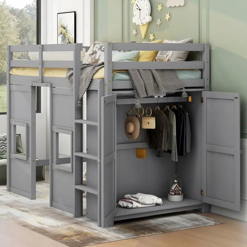 Hochbett aus Holz für zwei Personen mit integriertem Stauraumkleiderschrank und 2 Fenstern