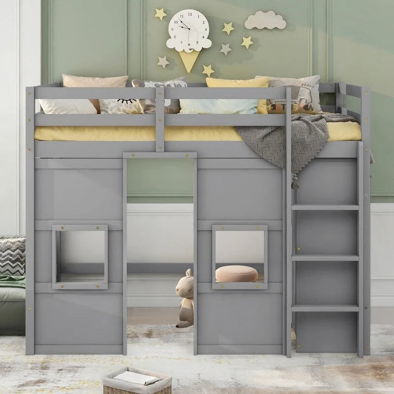 Hochbett aus Holz für zwei Personen mit integriertem Stauraumkleiderschrank und 2 Fenstern