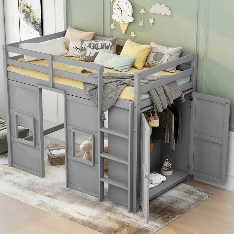 Hochbett aus Holz für zwei Personen mit integriertem Stauraumkleiderschrank und 2 Fenstern