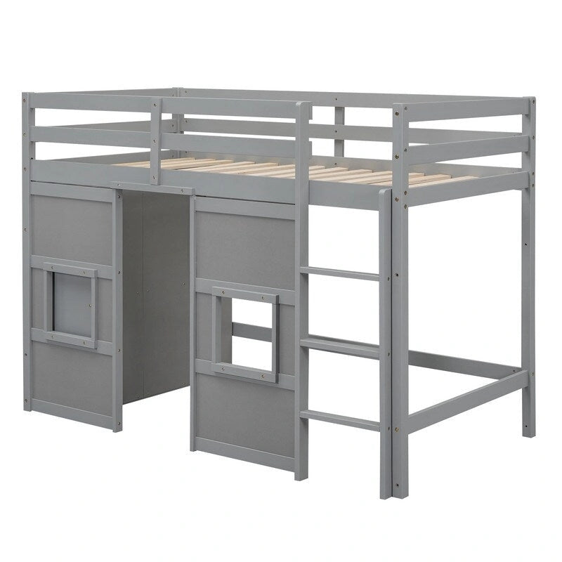 Hochbett aus Holz für zwei Personen mit integriertem Stauraumkleiderschrank und 2 Fenstern