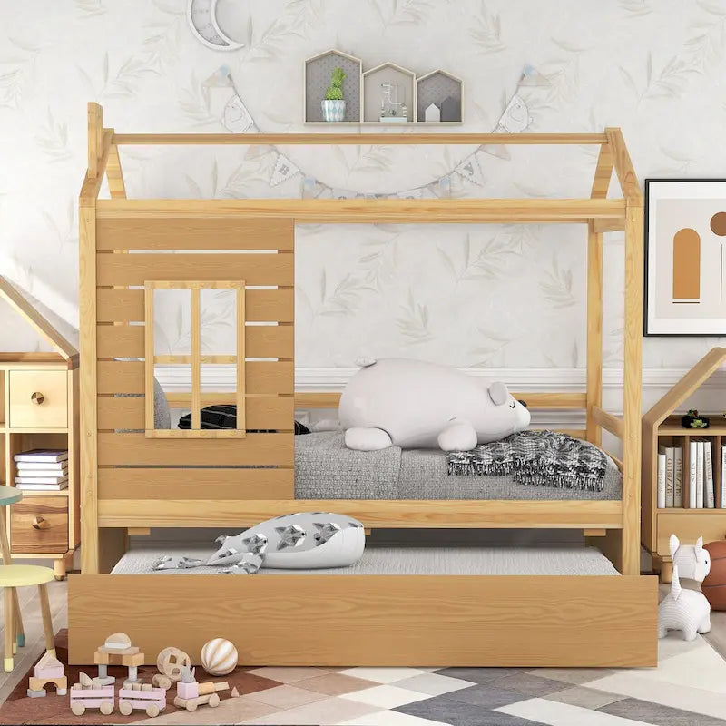 Twin House Bed with Trundle, Roof & Windows