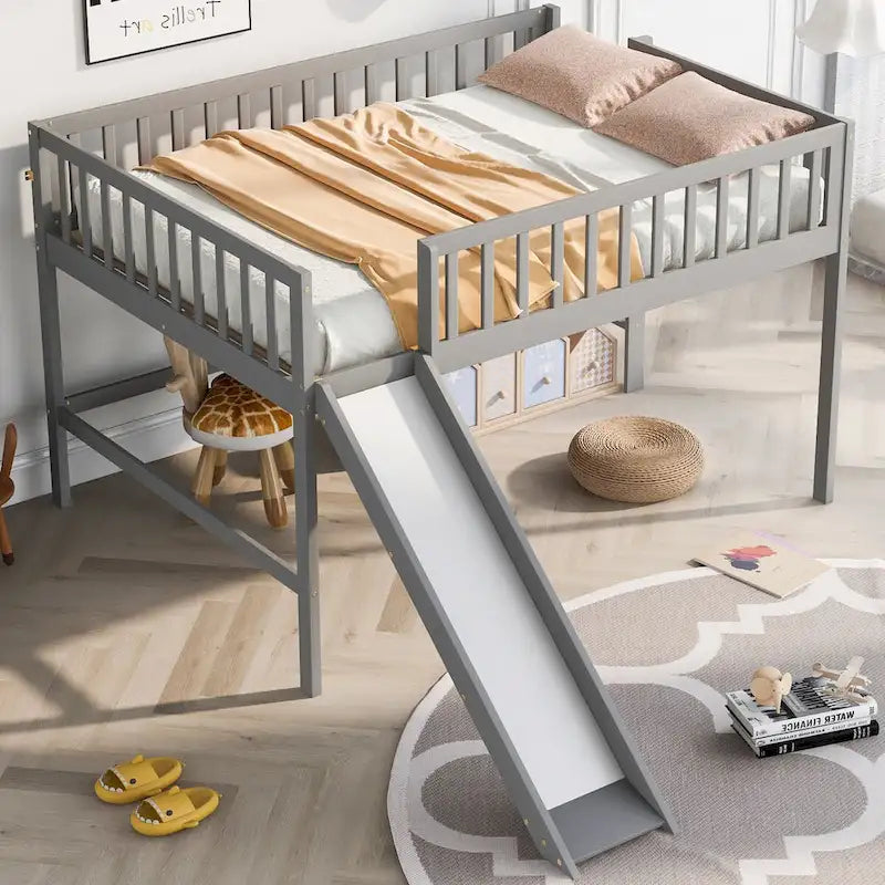 Struttura letto basso a soppalco matrimoniale per ragazzi, ragazze, bambini, adulti e neonati, con scala e scivolo