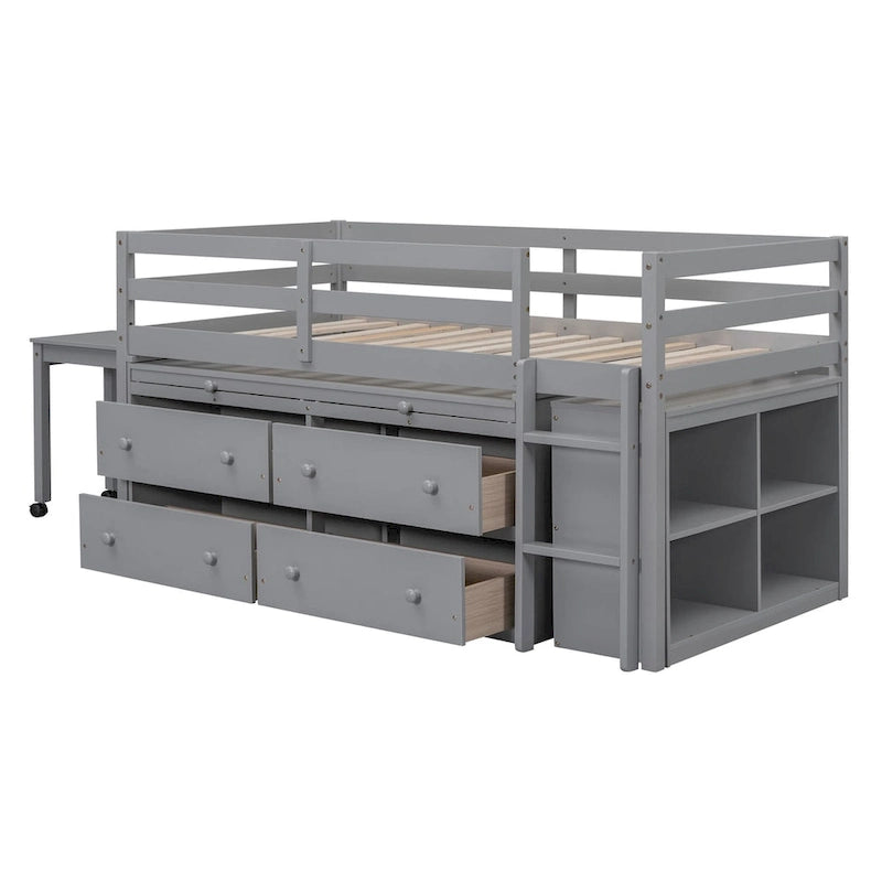 Hochbett für zwei Personen mit ausziehbarem Schreibtisch und 4 Schubladen, Hochbett aus Holz mit seitlichem tragbarem Schreibtisch und Regalen