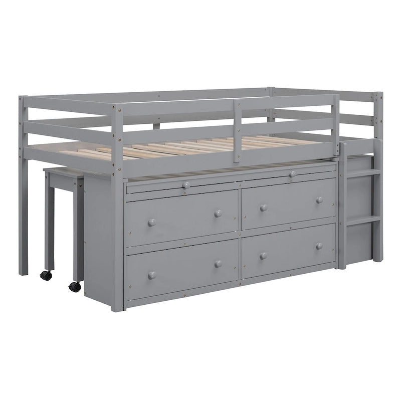 Hochbett für zwei Personen mit ausziehbarem Schreibtisch und 4 Schubladen, Hochbett aus Holz mit seitlichem tragbarem Schreibtisch und Regalen