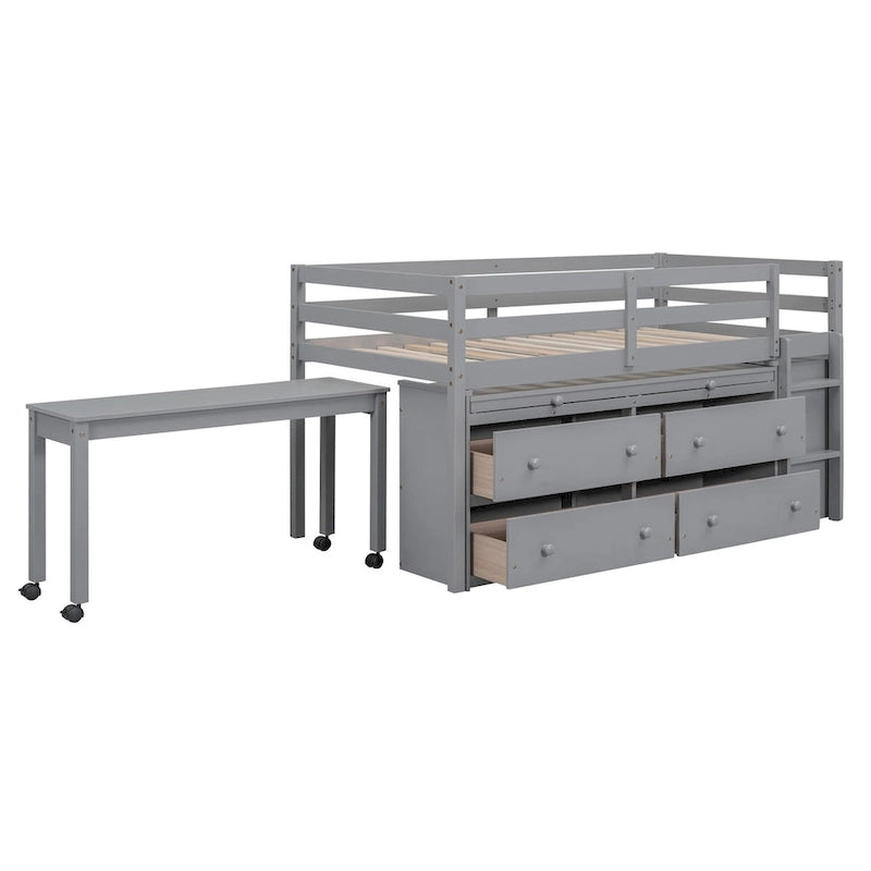 Hochbett für zwei Personen mit ausziehbarem Schreibtisch und 4 Schubladen, Hochbett aus Holz mit seitlichem tragbarem Schreibtisch und Regalen