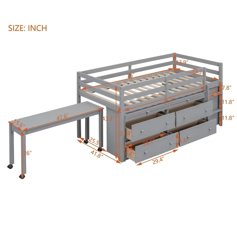 Hochbett für zwei Personen mit ausziehbarem Schreibtisch und 4 Schubladen, Hochbett aus Holz mit seitlichem tragbarem Schreibtisch und Regalen