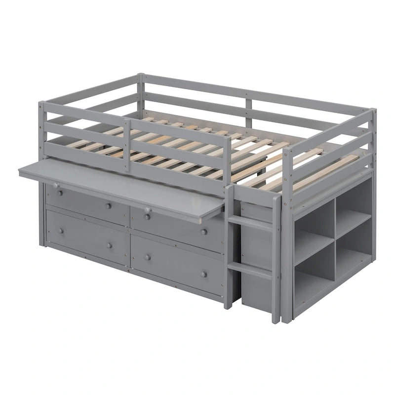 Hochbett für zwei Personen mit ausziehbarem Schreibtisch und 4 Schubladen, Hochbett aus Holz mit seitlichem tragbarem Schreibtisch und Regalen