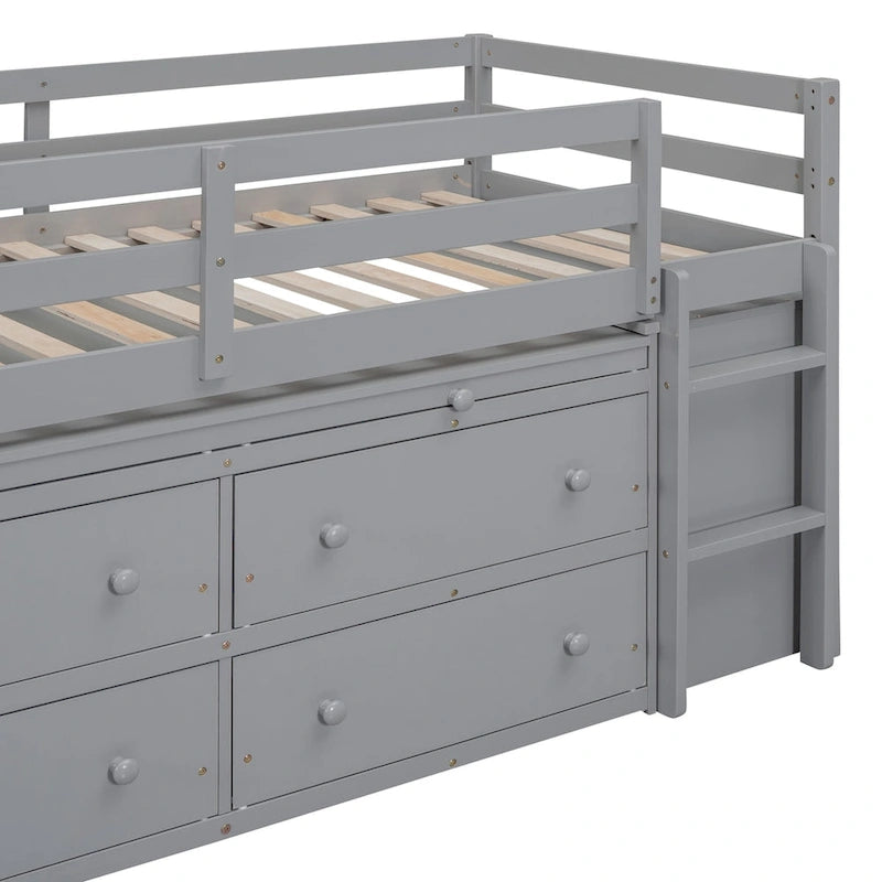 Hochbett für zwei Personen mit ausziehbarem Schreibtisch und 4 Schubladen, Hochbett aus Holz mit seitlichem tragbarem Schreibtisch und Regalen